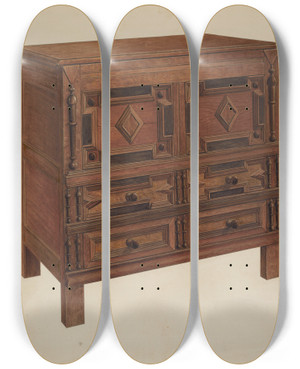 Triptych art skateboard deck of Charles Squires Chest With Two Drawers by Charles Squires