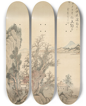 Triptych art skateboard deck of Tsubaki Chinzan Dwelling By The Shore by Tsubaki Chinzan (1801-1854)