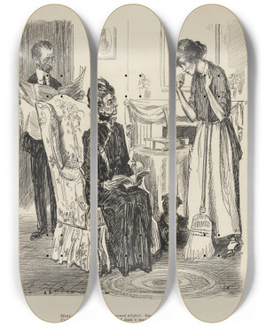 Triptych art skateboard deck of Charles Dana Gibson Skimpy Mistress Scenting Unaccustomed Delights Sara What Is That I Smell by Charles Dana Gibson (1867-1944)