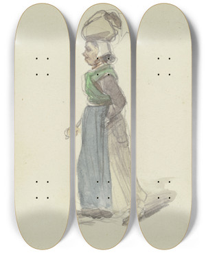 Triptych art skateboard deck of Jakob Frchtegott Dielmann Bauersfrau Mit Einem Sack Auf Dem Kopf Und Einem Stock In Der Hand Nach Links Gehend by Jakob Furchtegott Dielmann (1809-1885)