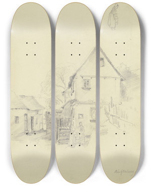 Triptych art skateboard deck of Jakob Frchtegott Dielmann Ein Haus Vor Demselben Stehen Zwei Frauen Am Brunnen Oben Entwurf Zu Einem Mdchen Mit Einem Korb by Jakob Furchtegott Dielmann (1809-1885)