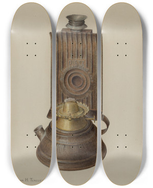 Triptych art skateboard deck of John H Tercuzzi Tubular Hand Lamp by John H Tercuzzi