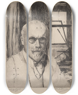 Triptych art skateboard deck of Albert Sterner Selfportrait by Albert Sterner (1863-1946)