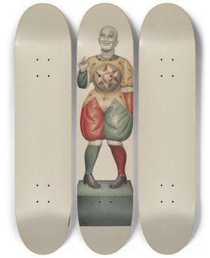 Triptych art skateboard deck of Robert Pohle Cigar Store Figure Clown by Robert Pohle