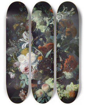 Triptych art skateboard deck of Jan Van Huysum Still Life With Flowers And Fruit_2 by Jan Van Huysum (1682-1749)