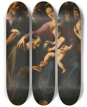 Triptych art skateboard deck of Fabrizio Santafede The Holy Family With Saint Francis Of Assisi Adoring The Christ Child With Two Youths And Angels Above by Fabrizio Santafede (1560-1623)