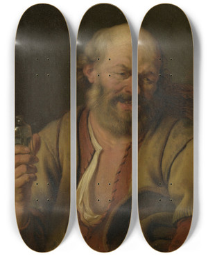 Triptych art skateboard deck of Ary De Vois A Man With A Gin Bottle by Ary de Vois (1632-1680)