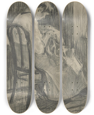 Triptych art skateboard deck of Eduard Putra Study Of A Woman Sewing by Eduard Putra (1883-1915)