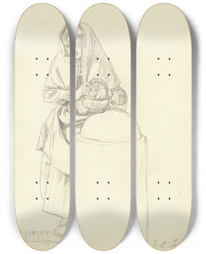 Triptych art skateboard deck of Johann Christoph Erhard Mdchen Mit Einem Korbe An Einem Radabweisestein Stehend by Johann Christoph Erhard (1795-1822)