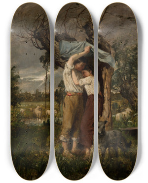 Triptych art skateboard deck of Paul Merwart Refuge Before A Storm by Paul Merwart (1855-1902)