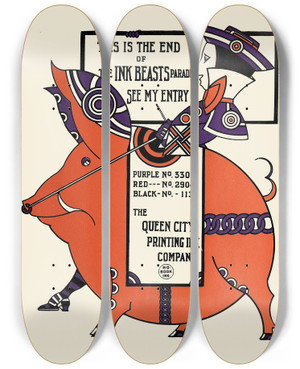 Triptych art skateboard deck of Augustus Jansson Queen City Ink Ad 36 by Augustus Jansson (1863-1931)