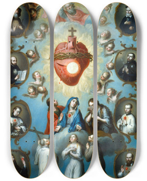 Triptych art skateboard deck of Juan Patricio Morlete Ruiz The Heart Of Jesus by Juan Patricio Morlete Ruiz (1713-1770)