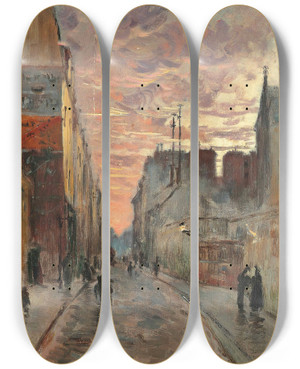 Triptych art skateboard deck of Charles Franois Pcrus A Bustling Street At Dusk by Charles Francois Pecrus (1826-1907)