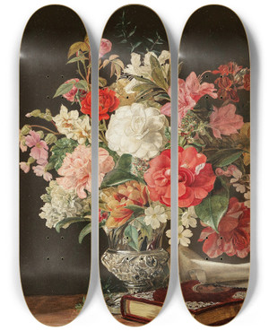 Triptych art skateboard deck of Rosalia Amon A Bouquet Of Flowers With Camellias In A Silver Vase by Rosalia Amon (1825-1856)