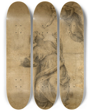 Triptych art skateboard deck of Michelangelo Annunciation To The Virgin by Michelangelo (1475-1564)