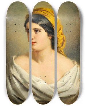 Triptych art skateboard deck of Anton Ebert Portrait Of A Woman With Yellow Headscarf by Anton Ebert (1845-1896)