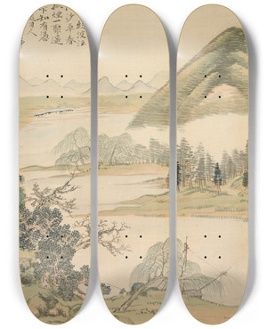 Triptych art skateboard deck of Tsubaki Chinzan Willow Branches In Spring by Tsubaki Chinzan (1801-1854)