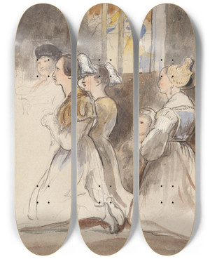 Triptych art skateboard deck of Sir David Wilkie A Group Of Women At Mass by Sir David Wilkie (1785-1841)