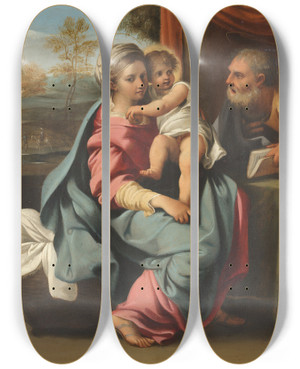 Triptych art skateboard deck of Antonio Carracci The Holy Family by Antonio Carracci (1583-1618)