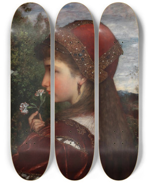 Triptych art skateboard deck of Anton Bertzik A Girl In Profile With Carnations by Anton Bertzik (1850-1899)