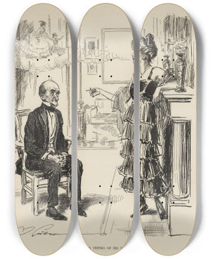 Triptych art skateboard deck of Charles Dana Gibson When Grandpa Thinks Of His Mother by Charles Dana Gibson (1867-1944)