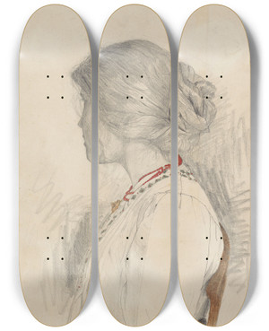 Triptych art skateboard deck of Theo Nieuwenhuis Studie Van Een Vrouw In Een Stoel In Profiel Naar Links by Theo Nieuwenhuis (1866-1951)