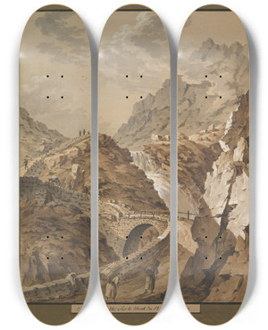 Triptych art skateboard deck of Franz Xaver Triner Devils Bridge Toward The Gothard Mountain In Switzerland by Franz Xaver Triner (1767-1824)