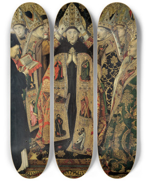 Triptych art skateboard deck of Jaume Huguet  Consecration Of Saint Augustine by Jaume Huguet (1412-1492)