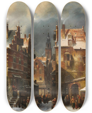 Triptych art skateboard deck of Charles Leickert Winterliche Stadtansicht by Charles Leickert (1816-1907)