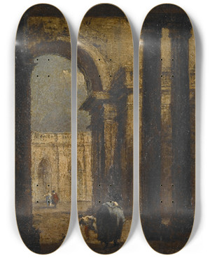 Triptych art skateboard deck of Francesco Guardi Capriccio A Palace Courtyard by Francesco Guardi (1712-1793)