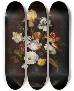 Triptych art skateboard deck of Balthasar Van Der Ast Still Life Of Flowers In A Glass Vase by Balthasar Van Der Ast (1593-1657)
