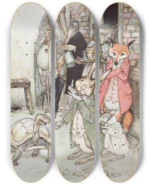 Triptych art skateboard deck of Arthur Rackham The Hare And The Tortoise by Arthur Rackham (1867-1939)