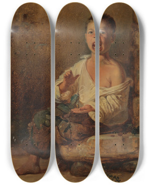 Triptych art skateboard deck of Johann Baptist Kirner Schreiender In Die Hnde Klatschender Italienerjunge Auf Einer Steinplatte Sitzend by Johann Baptist Kirner (1806-1866)