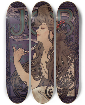 Triptych art skateboard deck of Alphonse Mucha Publicit Pour Les Cigarettes Job by Alphonse Mucha (1860-1939)