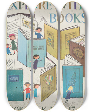Triptych art skateboard deck of Alice Provensen Explore With Books Book Week Nov 1723 by Alice Provensen (1918-2018)