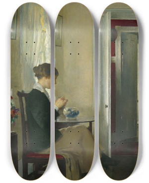 Triptych art skateboard deck of Edmund Charles Tarbell Josephine Knitting by Edmund Charles Tarbell (1862-1938)