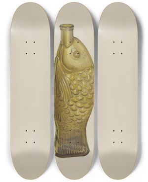 Triptych art skateboard deck of Loraine Makimson Fish Bitters Bottle by Loraine Makimson