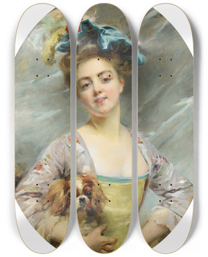 Triptych art skateboard deck of Madeleinejeanne Lemaire Jeune Femme Au Petit Chien by Madeleine-Jeanne Lemaire (1845-1928)