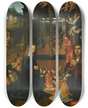 Triptych art skateboard deck of Netherlandish School The Nativity With A Donor And His Wife by Netherlandish School