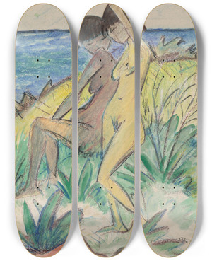 Triptych art skateboard deck of Otto Mueller Two Bathers by Otto Mueller (1874-1930)
