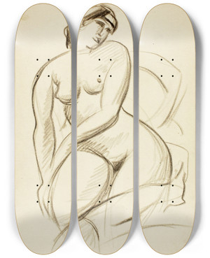 Triptych art skateboard deck of Carl Newman Seated Female Nude_2 by Carl Newman (1858-1932)