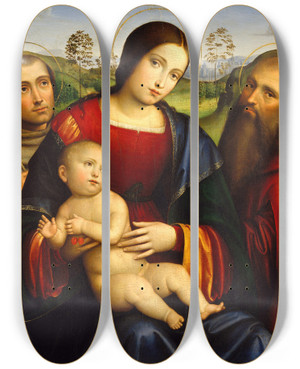 Triptych art skateboard deck of Francesco Francia Madonna And Child With Saints Francis And Jerome by Francesco Francia (1450-1517)