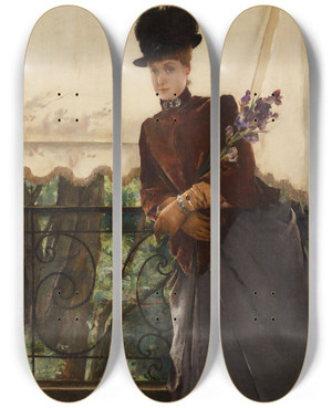 Triptych art skateboard deck of Alfred Stevens Portrait Of Mademoiselle Dubois by Alfred Stevens (1817-1875)