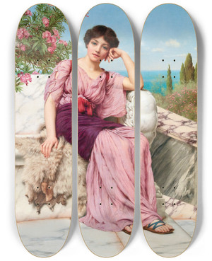 Triptych art skateboard deck of John William Godward Sweet Dreams by John William Godward (1861-1922)