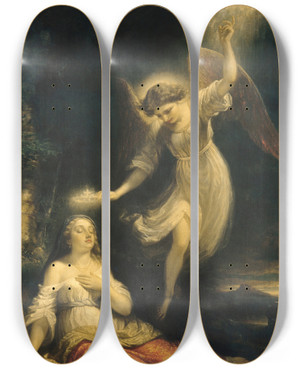 Triptych art skateboard deck of Daniel Huntington Mercys Dream by Daniel Huntington (1816-1906)