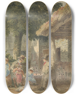 Triptych art skateboard deck of Robert Hills Children With A Dog In Farmyard by Robert Hills (1769-1844)