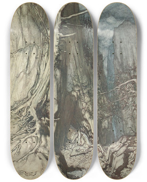 Triptych art skateboard deck of Arthur Rackham There As A Dread Dragon He Sojourns And In A Cave Keeps Watch Over Alberichs Ring by Arthur Rackham (1867-1939)