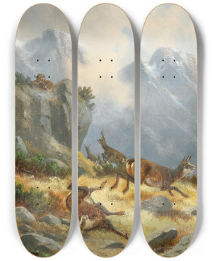 Triptych art skateboard deck of Moritz Mller Hunting Chamois by Moritz Melzer (1841-1899)