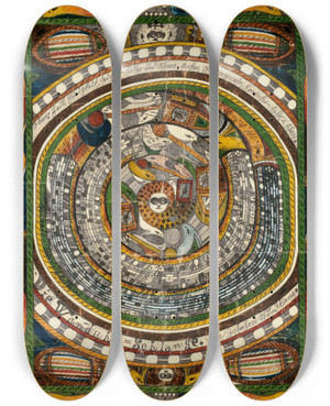Triptych art skateboard deck of Adolf Wlfli Die Wanduhrschlange Ein Zohohrn Stund Lang by Adolf Wolfli (1864-1930)