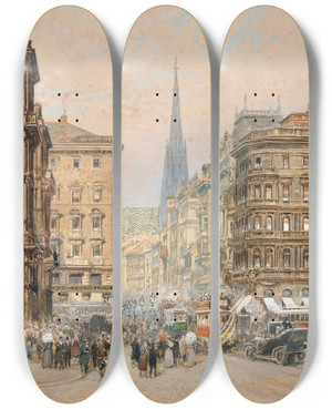 Triptych art skateboard deck of Friedrich Frank Vienna Krntnerstrasse A View From The Opera To Saint Stephens Cathedral by Friedrich Frank (1871-1945)